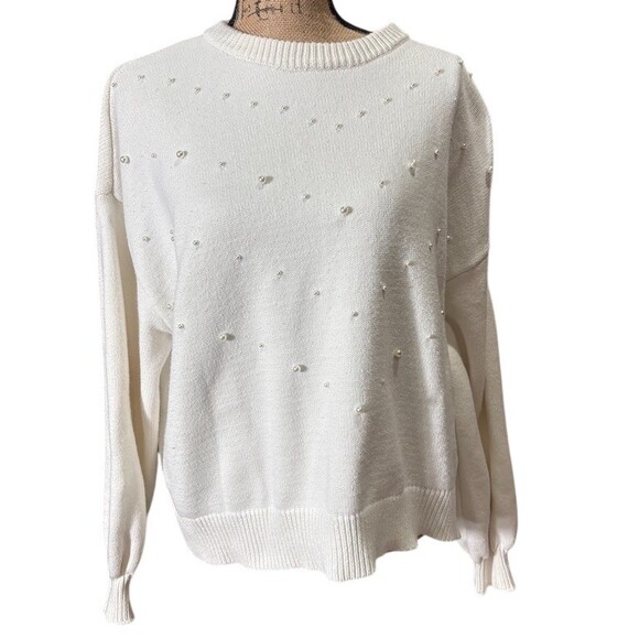 Express Sweaters - Express Sweater Womens XL Ivory Faux Pearl Embellished Crew Neck Oversized
